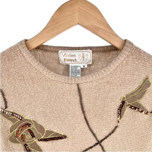 Vtg Vivien Forest Angora Lambswool Embellished Sweater Medium Tan Gold Beaded