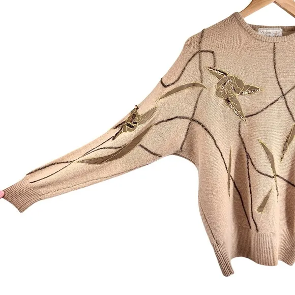 Vtg Vivien Forest Angora Lambswool Embellished Sweater Medium Tan Gold Beaded