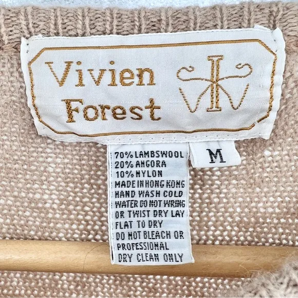 Vtg Vivien Forest Angora Lambswool Embellished Sweater Medium Tan Gold Beaded