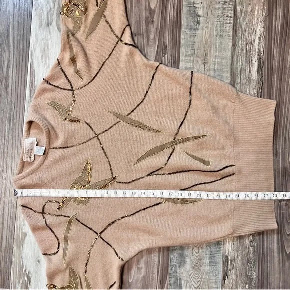 Vtg Vivien Forest Angora Lambswool Embellished Sweater Medium Tan Gold Beaded
