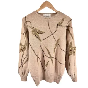 Vtg Vivien Forest Angora Lambswool Embellished Sweater Medium Tan Gold Beaded