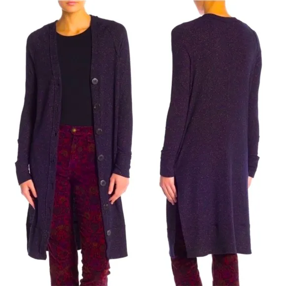 We The Free Navy Gold Metallic Sparkle Ribbed Longline Button Cardigan Sweater