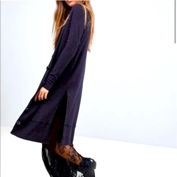 We The Free Navy Gold Metallic Sparkle Ribbed Longline Button Cardigan Sweater
