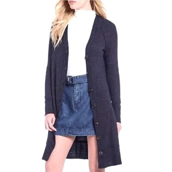 We The Free Navy Gold Metallic Sparkle Ribbed Longline Button Cardigan Sweater