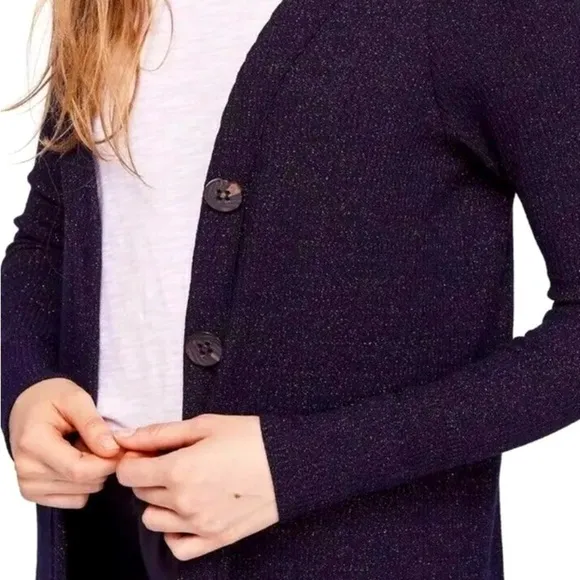 We The Free Navy Gold Metallic Sparkle Ribbed Longline Button Cardigan Sweater