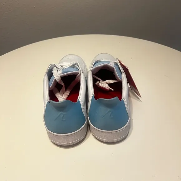 White and Blue Athletic Shoes with Classic Court Design