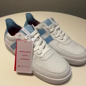 White and Blue Athletic Shoes with Classic Court Design