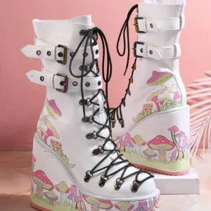 White Mushroom Print Lace-Up Wedge Boots