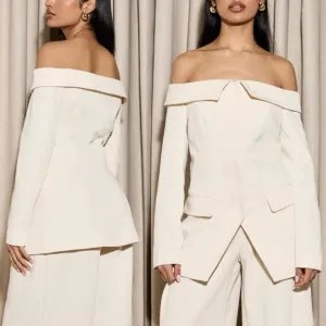 White Off the shoulder foldover detail long sleeve longline blazer