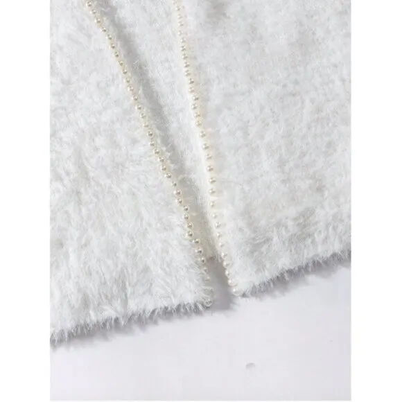 White Pearl Beaded Drop Shoulder Fuzzy Duster Cardigan