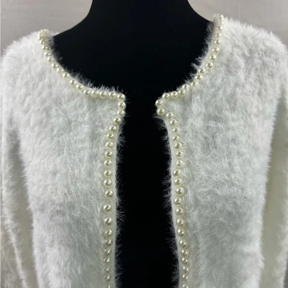 White Pearl Beaded Drop Shoulder Fuzzy Duster Cardigan