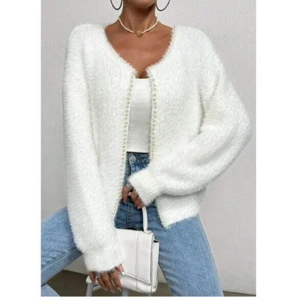 White Pearl Beaded Drop Shoulder Fuzzy Duster Cardigan