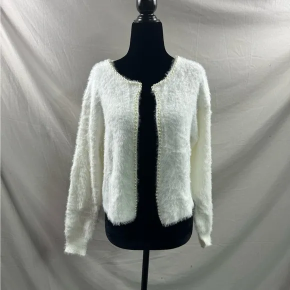 White Pearl Beaded Drop Shoulder Fuzzy Duster Cardigan