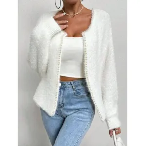 White Pearl Beaded Drop Shoulder Fuzzy Duster Cardigan