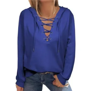 Women Lace Up V Neck Drawstring Hoodies Sweatshirt, Royal Blue
