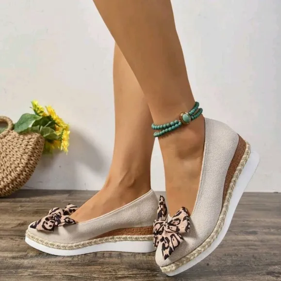 Women Platform Wedge Heels With Bowknot Decor And Jute Sole,Versatile