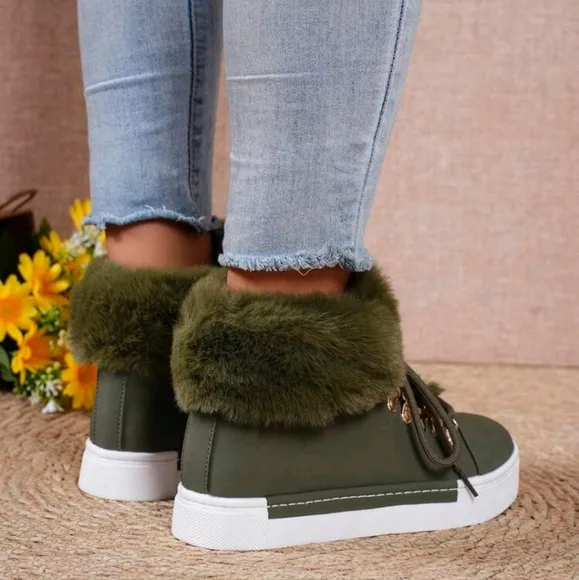 Women Thick Sole Plush Lined Ankle Boots, Fashionable And Warm Solid Color Lace