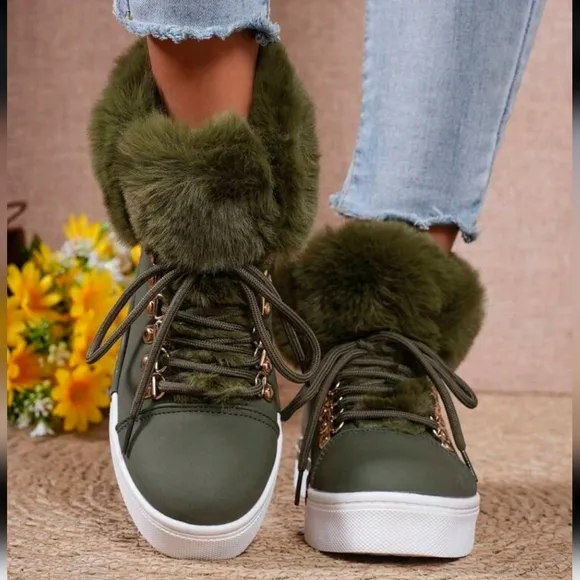Women Thick Sole Plush Lined Ankle Boots, Fashionable And Warm Solid Color Lace