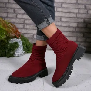 WomenAutumn Boots Slip-On Knitted Elastic Short Boots,Round Toe Thick Sole Shaft