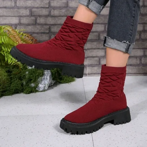 WomenAutumn Boots Slip-On Knitted Elastic Short Boots,Round Toe Thick Sole Shaft