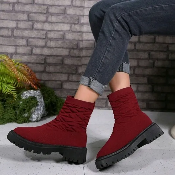 WomenAutumn Boots Slip-On Knitted Elastic Short Boots,Round Toe Thick Sole Shaft