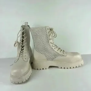 Women's Aldo Reflow Beige Knit Sock Lace Up Chunky Heel Combat Boots SiZ 10 NWOT