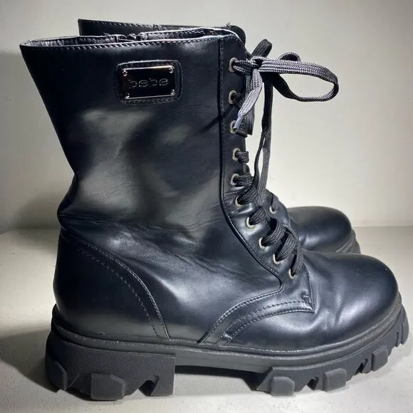 Women’s Bebe Oprah Combat Boots Lace Up Black Synthetic, Size 11 Great Condition