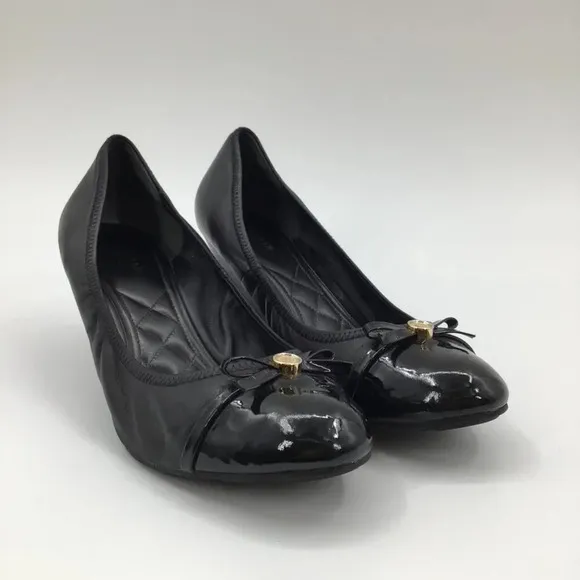 Women's Cole Haan Wedges Heels 11B Patent Leather Round Toe Ballet Black Bows
