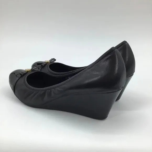 Women's Cole Haan Wedges Heels 11B Patent Leather Round Toe Ballet Black Bows