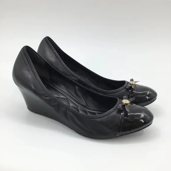 Women's Cole Haan Wedges Heels 11B Patent Leather Round Toe Ballet Black Bows