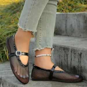 Womens Comfy Black Leather Mesh Round Toe Flat Sandals
