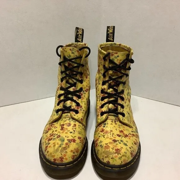 Women's Dr. Doc Martens Air Wair Yellow Floral Leather Combat Boots Size 7 1460W