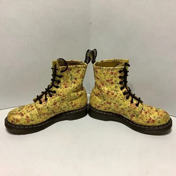 Women's Dr. Doc Martens Air Wair Yellow Floral Leather Combat Boots Size 7 1460W
