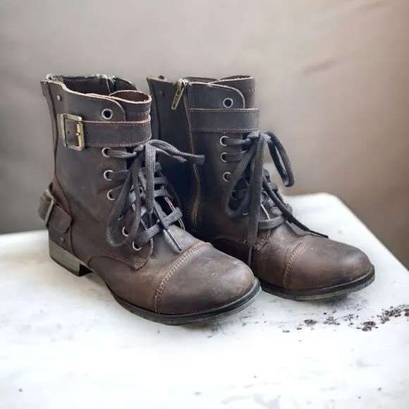 Women’s DV Dolce Vita Sargeant Combat Boots Lace Up Brown Size 6 Dual Buckle