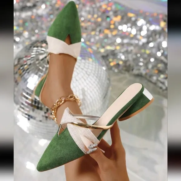 Women's Green Pointed Toe Mules Platform Shoes, Outdoor Party Velvet Low Heel