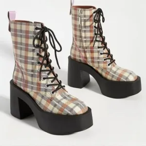 Women’s Larroude Olivia Patent Leather Platform Boot Size 8 Carmel Plaid