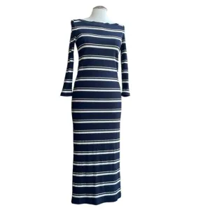 Women's Massimo Dutti Navy Striped Boat Neck Maxi Long Sleeve Knit Dress sz XS