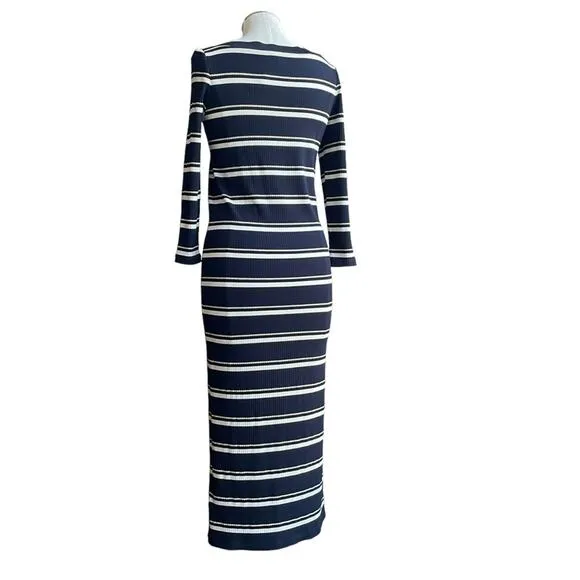 Women's Massimo Dutti Navy Striped Boat Neck Maxi Long Sleeve Knit Dress sz XS