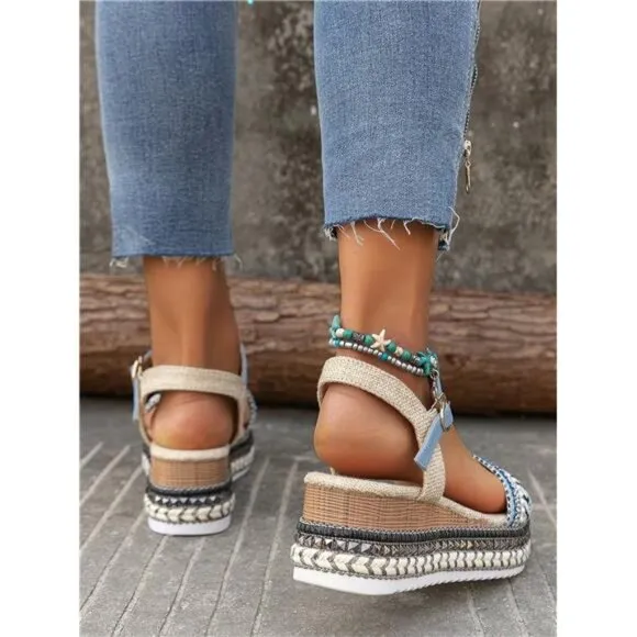 Women's Round Toe Slip On Wedge Sandals, Comfortable Platform Espadrille