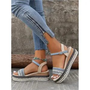 Women's Round Toe Slip On Wedge Sandals, Comfortable Platform Espadrille