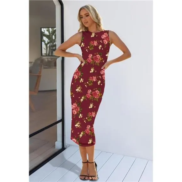 Women's Summer Bodycon Tie Dye Dress Sleeveless Crew Neck Mesh