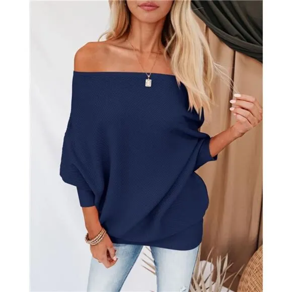 Women's Sweaters Casual Long Batwing Sleeve Loose Off Shoulder Knit Pullover Top
