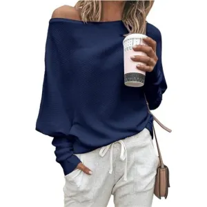 Women's Sweaters Casual Long Batwing Sleeve Loose Off Shoulder Knit Pullover Top
