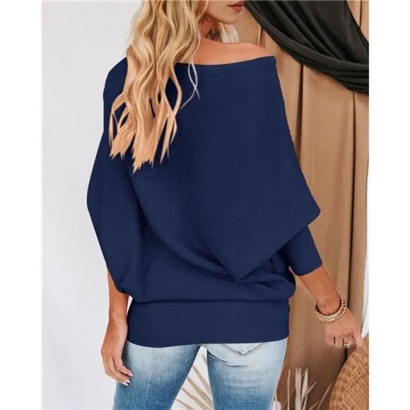 Women's Sweaters Casual Long Batwing Sleeve Loose Off Shoulder Knit Pullover Top