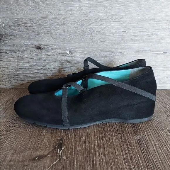 Women’s THIERRY RABOTIN Black Suede Cross Over Ribbon Wedge Shoes, Size 41