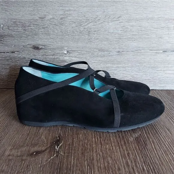 Women’s THIERRY RABOTIN Black Suede Cross Over Ribbon Wedge Shoes, Size 41