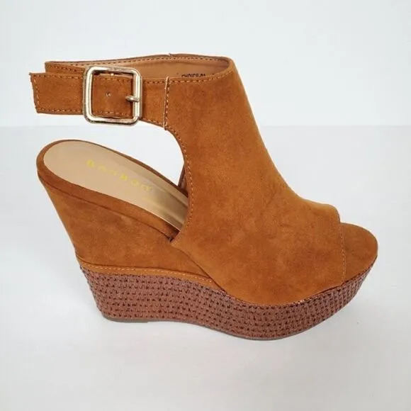 Women's Brown / Chestnut Faux Suede Wedges PeepToe