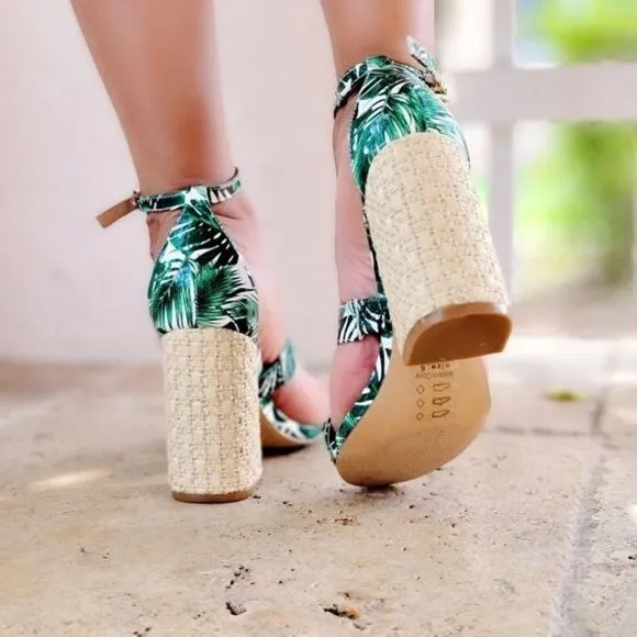 Women's Green Open Toe Ankle Strap Woven Block Heel