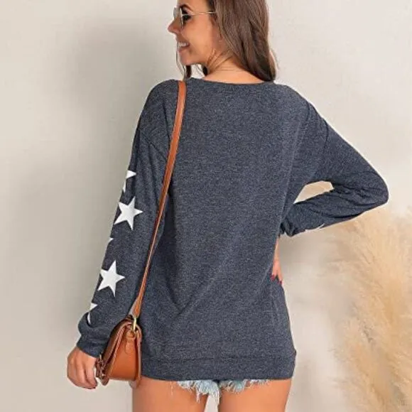 Womens Knit Pullover Sweater Star Print Lightweight Cute Long Sleeves Top