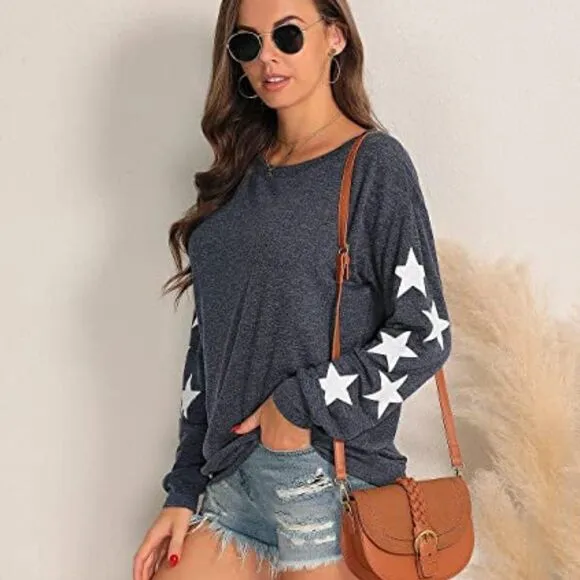 Womens Knit Pullover Sweater Star Print Lightweight Cute Long Sleeves Top
